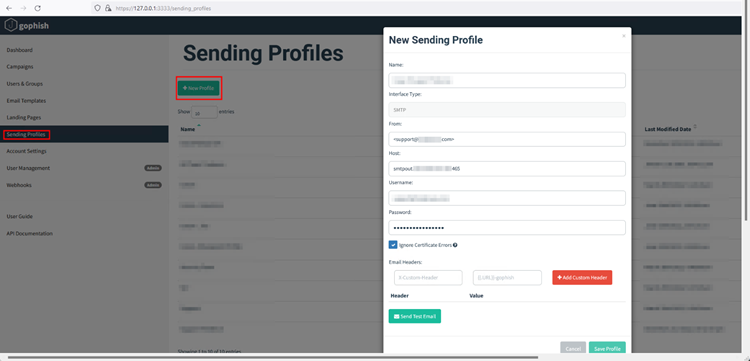 Sending Profiles navigation entry in GoPhish
