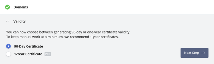 Select Validity of SSL certificate
