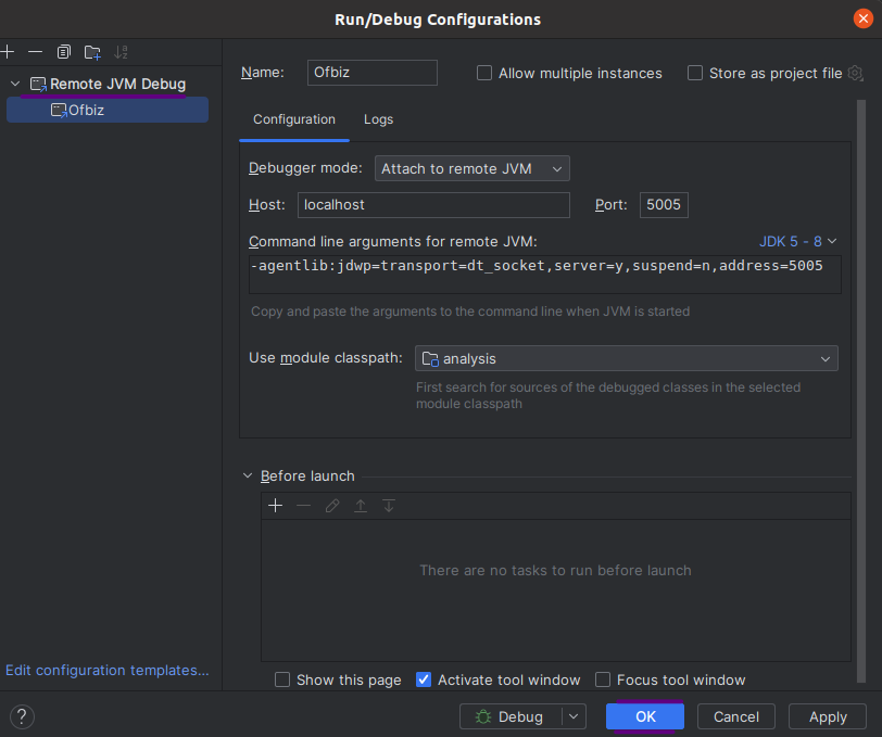 IDE remote JVM debug configuration set to the default port 5005