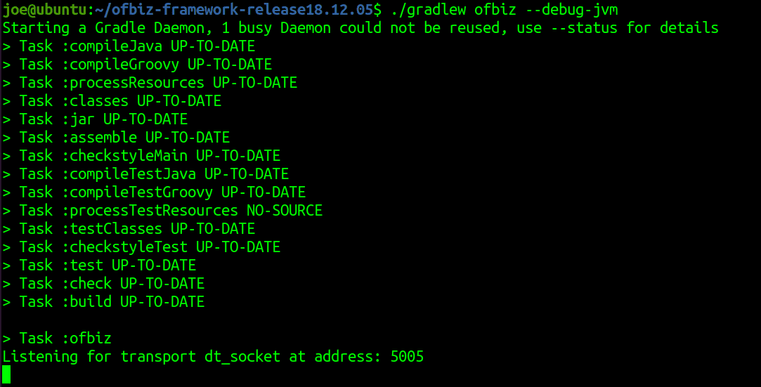 Launching OFBiz with the -debug-jvm flag to enable remote JVM debugging