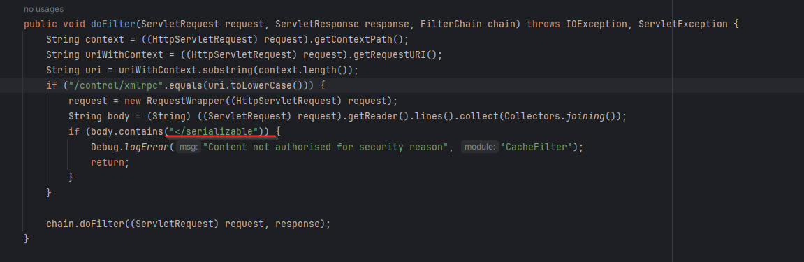 doFilter method that assesses requests to the /control/xmlrpc endpoint