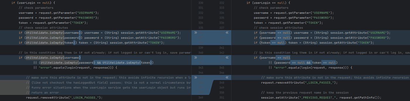 Diff of old and new LoginWorker.java showing the modified authentication lines