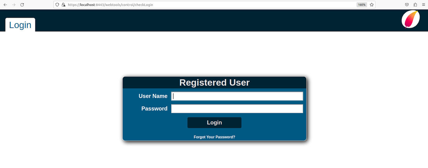Apache OFBiz running and accessible at https://localhost:8443