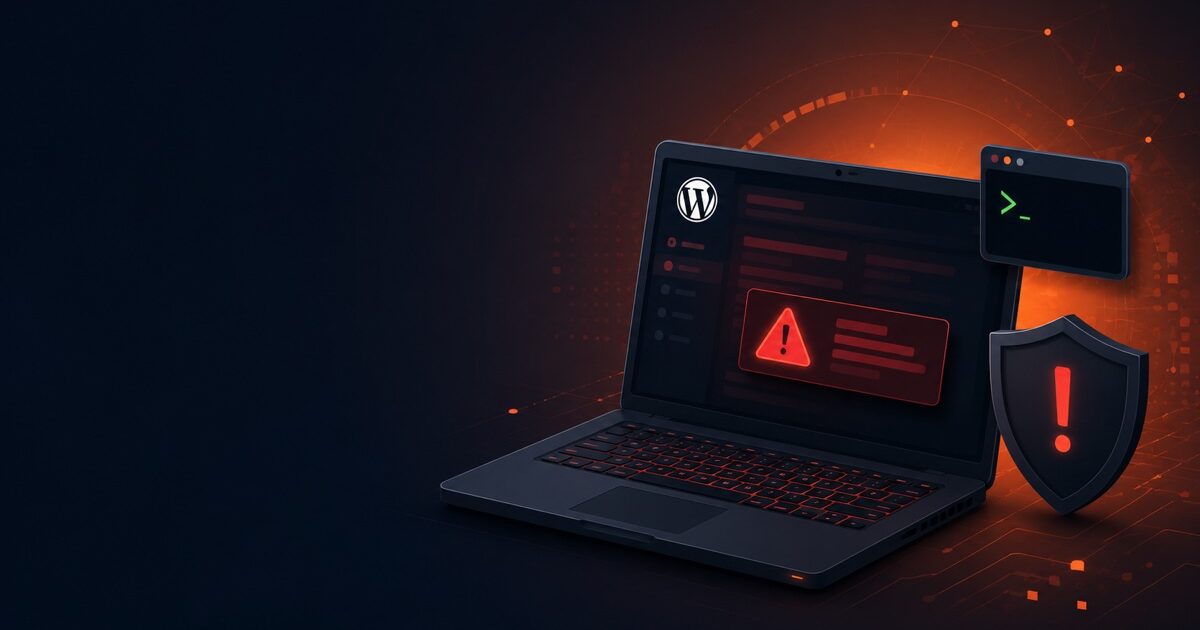 wp2shell: pre-authentication RCE in WordPress core (CVE-2026-63030 and CVE-2026-60137) shown as a laptop with the WordPress logo, a red alert, a webshell terminal, and a breached security shield