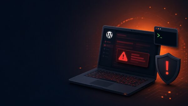wp2shell: pre-authentication RCE in WordPress core (CVE-2026-63030 and CVE-2026-60137) shown as a laptop with the WordPress logo, a red alert, a webshell terminal, and a breached security shield