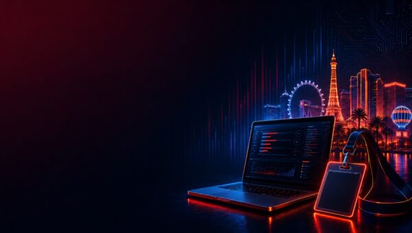 Black Hat USA 2026 parties and events guide, neon Las Vegas skyline with a laptop security dashboard and a conference badge lanyard
