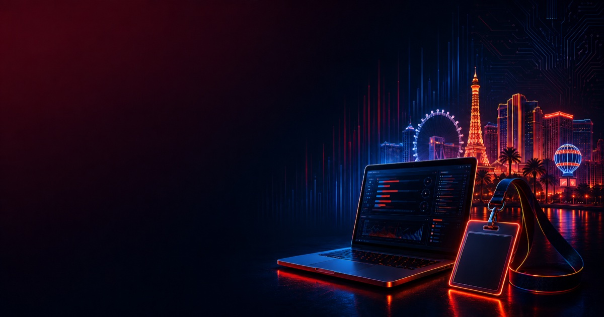 Black Hat USA 2026 parties and events guide, neon Las Vegas skyline with a laptop security dashboard and a conference badge lanyard