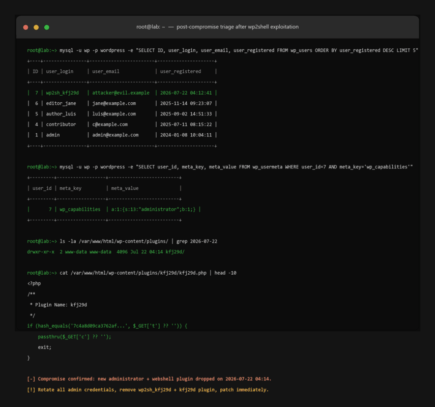 triage after wp2shell exploitation