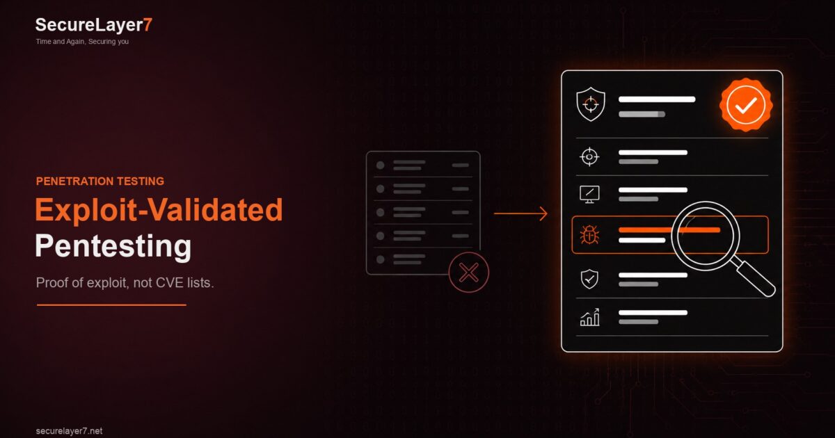 SecureLayer7 exploit-validated pentesting: a dismissed CVE list on the left and a validated security report with a confirmed finding on the right